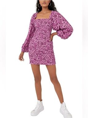 Free People Smock it to Me Mini Purple Floral Smocked Peasant Dress